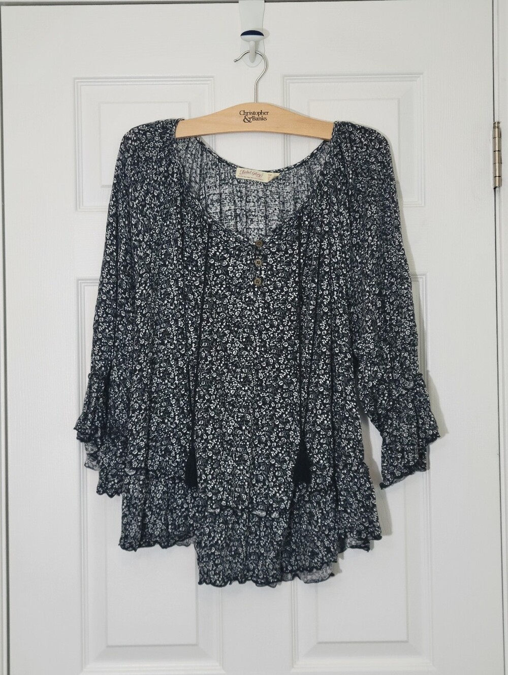 Faded Glory Black & White Ditsy Floral Boho Peasant Blouse Plus Size XXL 20